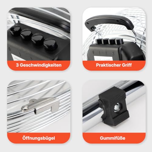 ProfiCare® XL Windmaschine mit 50 cm Ø | Ventilator verstellbarer Winkel | Bodenventilator 3 Stufen | Ventilator leise aus Metall | Luftkühler | Standlüfter | Raumkühler | PC-VL 3067 WM chrom