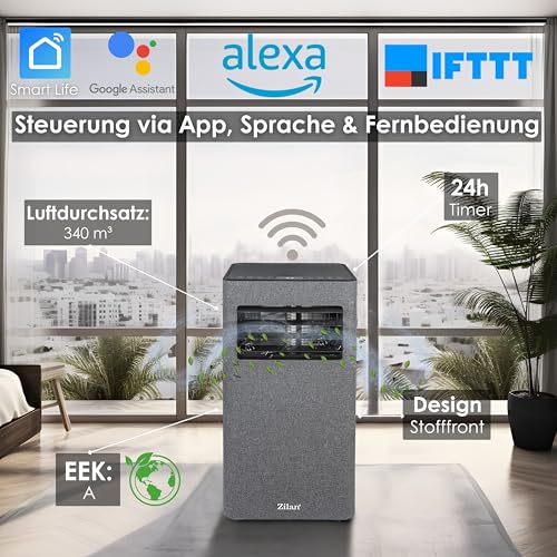 Zilan Mobile Klimaanlage 9000 BTU mit WLAN & Abluftschlauch, 3-in-1 Mobiles Klimagerät – Kühlen, Entfeuchten & Ventilator, leise, inkl. Fensterabdichtung & Fernbedienung, Timer, Wifi App-Steuerung