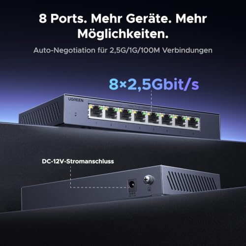UGREEN 2.5G LAN Switch mit 8X 2.5G Ports, Plug & Play (8-Ports) | Unmanaged Netzwerk Switch für Computer, NAS, Desktop, Schnelle Datenübertragung, lüfterlos und leise, Robustes Metallgehäuse