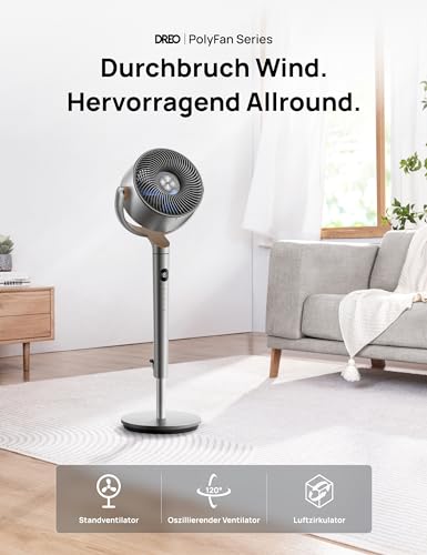 DREO Smart Standventilator, 120°+120° Oszillierend Ventilator mit Wi-Fi/Sprachsteuerung, 23dB Leiser Bodenventilator für Schlafzimmer, einstellbare Höhe, 8 Geschwindigkeiten, 6 Modi, 12H Timer
