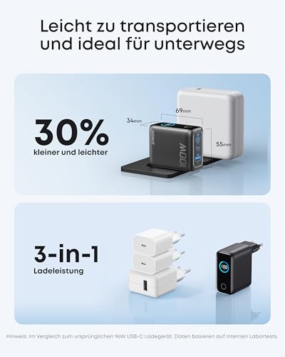Anker 100W USB C Ladegerät, Smart Ladegerät, kompaktes 3-Port GaN Netzteil | Smart Display und Touch-Steuerung, für MacBook, iPad, iPhone 17/16/15 Serie, inkl. USB-C Kabel
