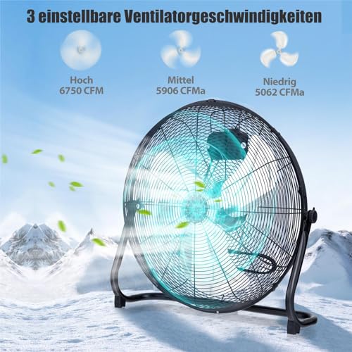 SOARS Bodenventilator 50cm, Windmaschine mit 3-Leistungsstufen, Neigungswinkel 145°, Ventilator Metall mit Handgriff, hoher Luftdurchsatz