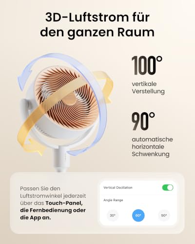 SwitchBot Standventilator mit Luftzirkulation mit RGB-Beleuchtung, 22 dB-ultra-leise, Fernbedienung, Matter via Hub, 9,15 m³/min Luftstrom, höhenverstellbar, 4 Modi, 9 Geschwindigkeiten, 9h-Timer