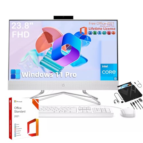HP 60.5 cm All-in-One Desktop PC - mit Microsoft Office Lifetime License, FHD Display, Intel i3 Dual-Core Prozessor, 720P Webcam, mit kabelgebundener Tastatur & Maus, Windows 11 Pro (16GB RAM | 512GB