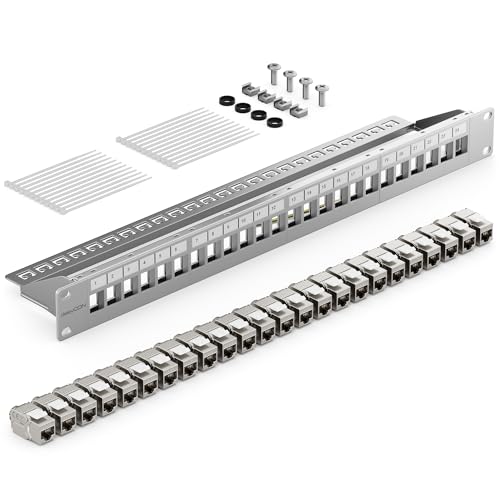 deleyCON 24 Port Patchpanel Set Patchfeld CAT6a 1 HE 19 Zoll - Grau | Modularer Rackeinbau mit 24x RJ45 Keystone Module, kompatibel mit CAT5 CAT6 CAT7 LAN Netzwerkkabel Verlegekabel