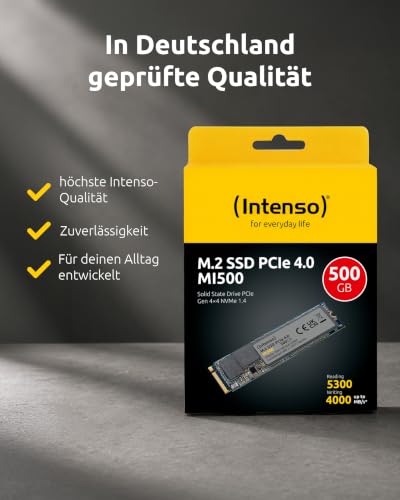 Intenso MI500 500 GB NVMe SSD, M.2 Interne SSD PCIe 4.0, Solid State Drive | Bis zu 5300 MB/s Lesen, 3D NAND Flash mit SLC-Cache, idealer Speicher für PS5, PC und Laptop, 300 TBW Schreibausdauer