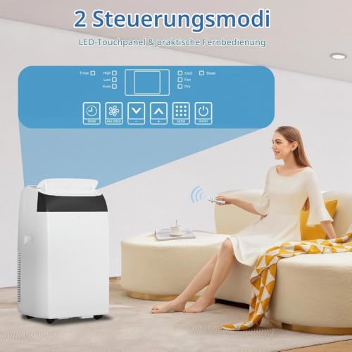Leise Mobiles Klimagerät, 12000 BTU, Kühlung, Belüftung, Entfeuchtung, 41-51 m², 24-Stunden-Timer, mit Digitalanzeige und Fernbedienung, Energieeffizienzklasse A