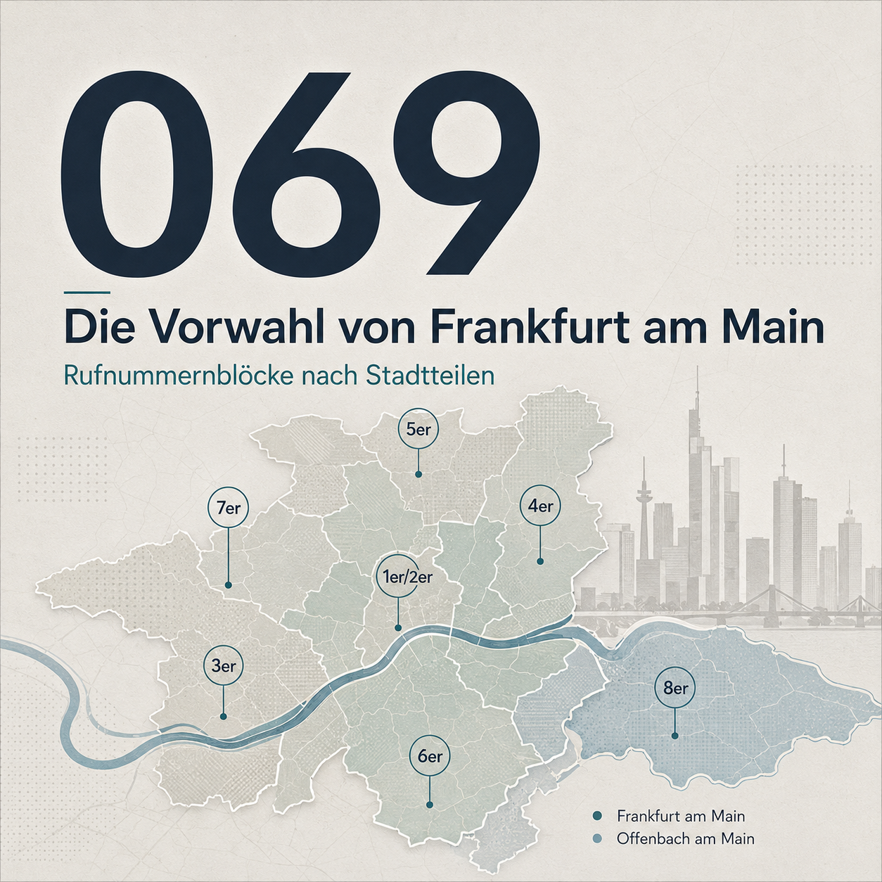 Illustration zur Vorwahl 069 von Frankfurt am Main mit einer reduzierten Stadtkarte, dem Main-Verlauf, markierten Rufnummernblöcken nach Stadtteilen und einer dezenten Einordnung von Offenbach am Main im historischen Ortsnetz.