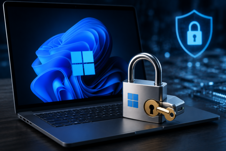 Symbolbild zu BitLocker und Secure Boot: Windows-11-Laptop mit Schloss, Schlüssel und verschlüsseltem Laufwerk als Hinweis auf Laufwerksverschlüsselung und Boot-Sicherheit.
