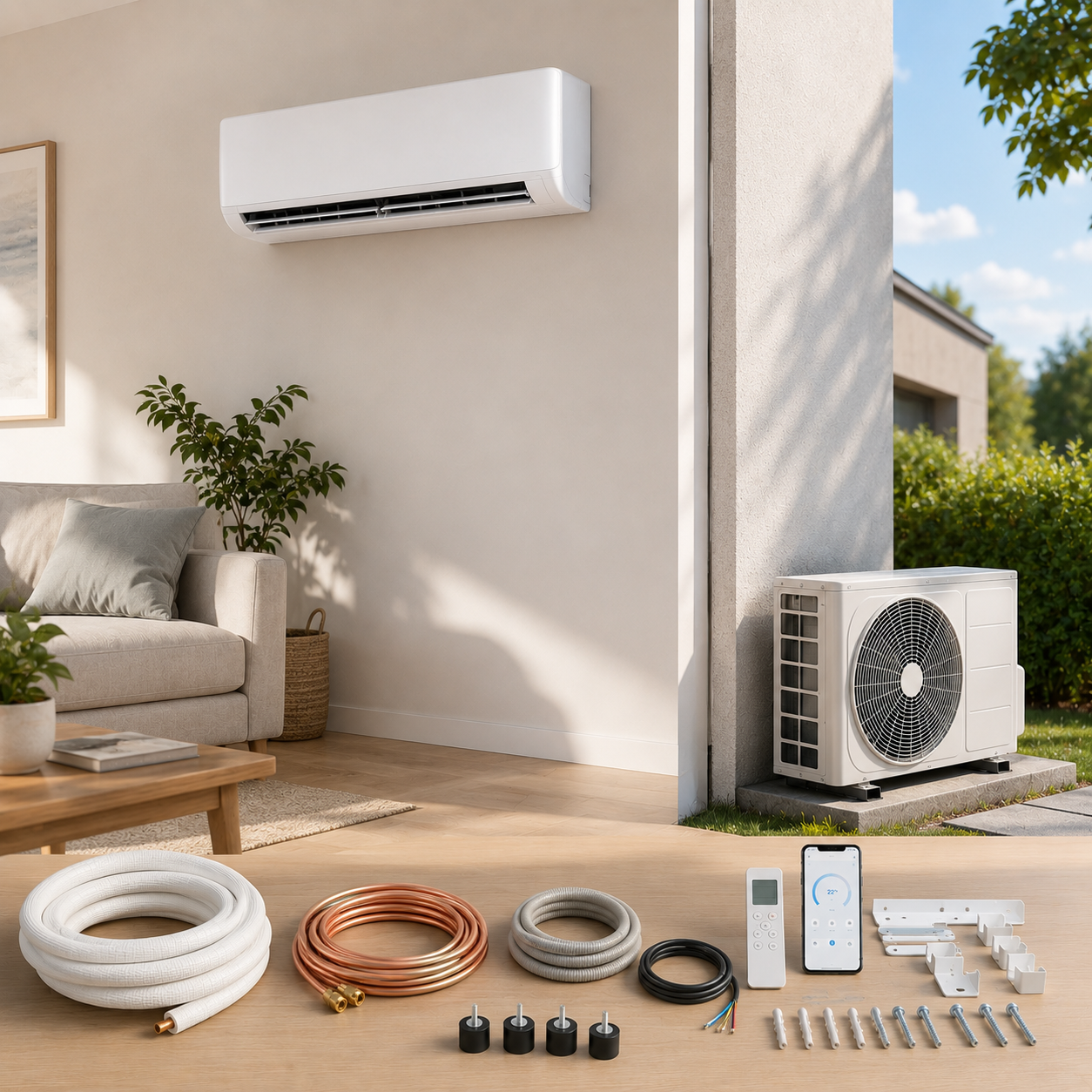 18.000-BTU-Split-Klimaanlage mit montiertem Innengerät im Wohnraum, Außengerät an der Außenwand sowie Fernbedienung, App-Steuerung und Installationsmaterial.