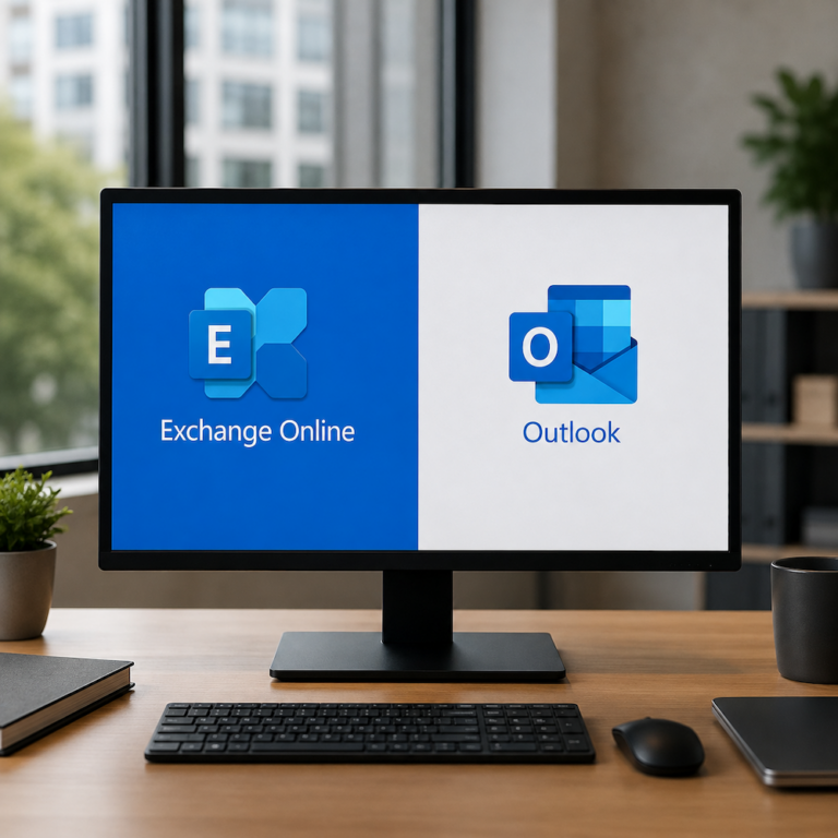 Fotorealistischer Büroarbeitsplatz mit Monitor, auf dessen Bildschirm Exchange Online und Microsoft Outlook nebeneinander dargestellt sind.