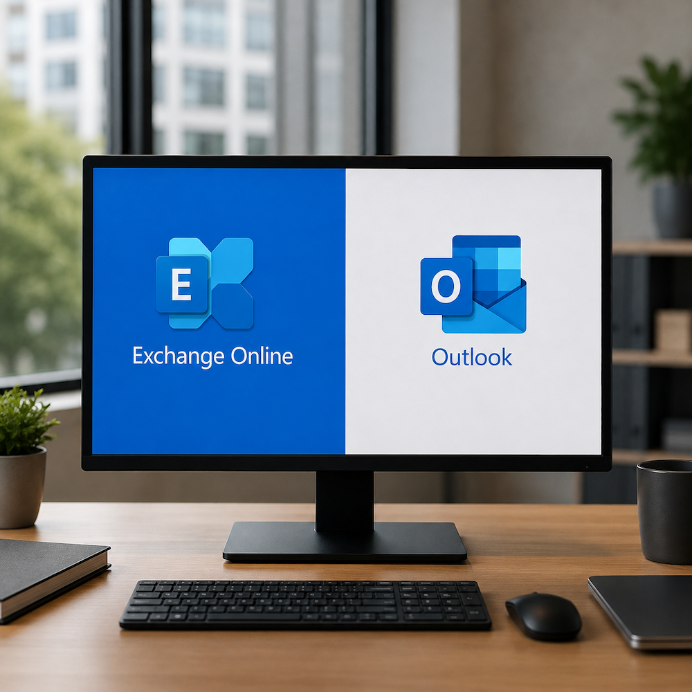 Fotorealistischer Büroarbeitsplatz mit Monitor, auf dessen Bildschirm Exchange Online und Microsoft Outlook nebeneinander dargestellt sind.