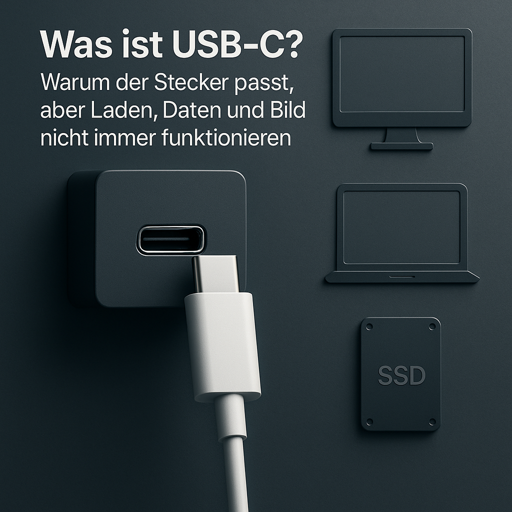 USB-C-Stecker als Symbol für Laden, Datenübertragung und Bildausgabe