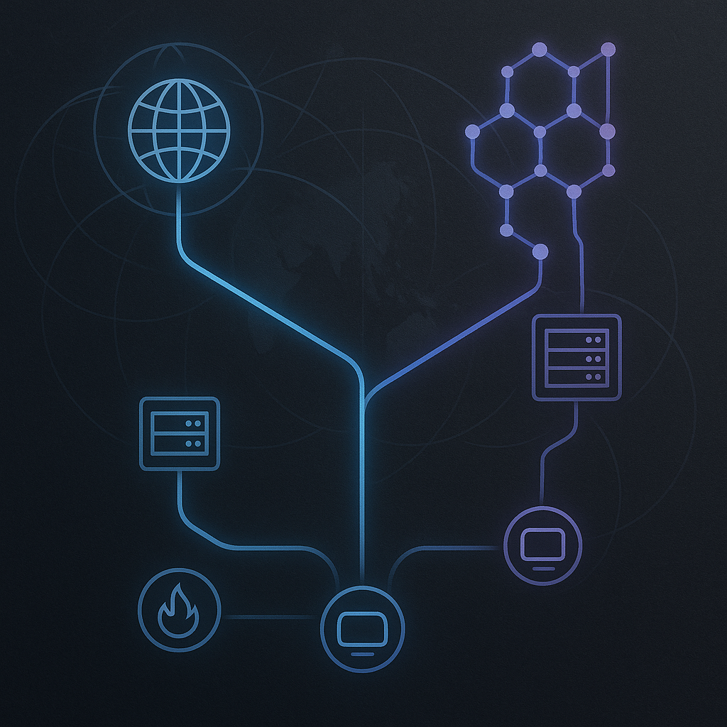 Abstrakte Darstellung einer Domain, die über getrennte IPv4- und IPv6-Pfade mit einem Webserver verbunden ist