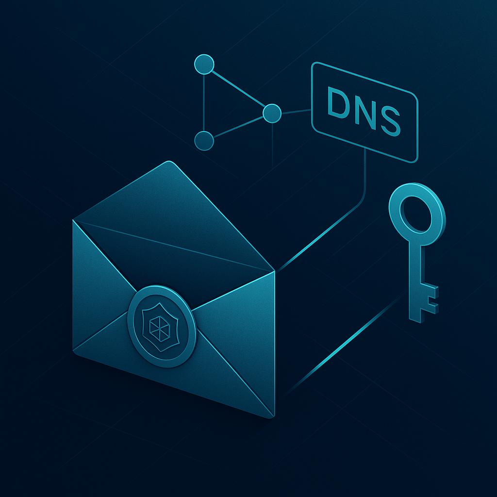 Symbolische Darstellung einer DKIM-signierten E-Mail, deren öffentlicher Schlüssel über das DNS geprüft wird