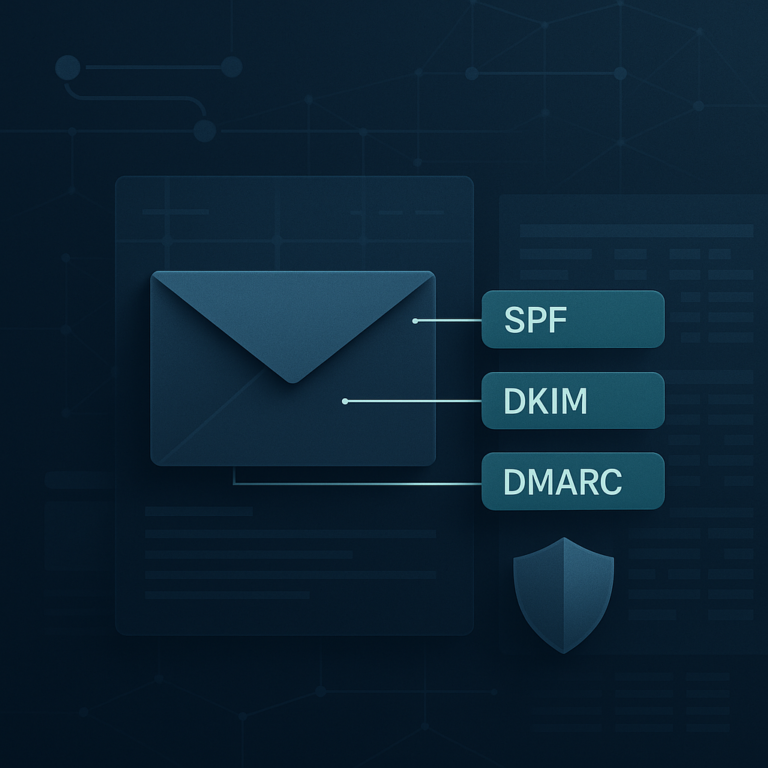 Abstrakte Darstellung einer E-Mail, die über SPF, DKIM und DMARC geprüft und mit einer Domain ausgerichtet wird
