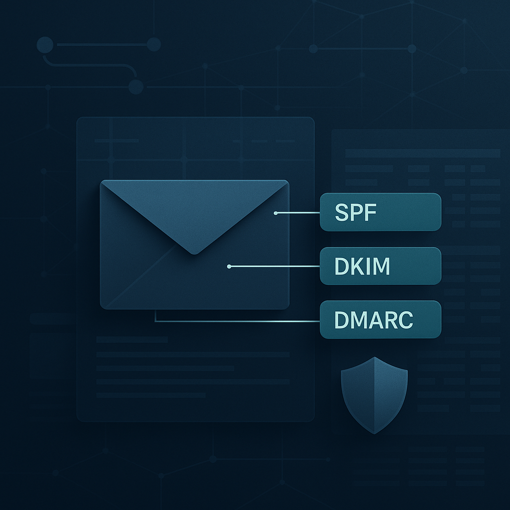 Abstrakte Darstellung einer E-Mail, die über SPF, DKIM und DMARC geprüft und mit einer Domain ausgerichtet wird