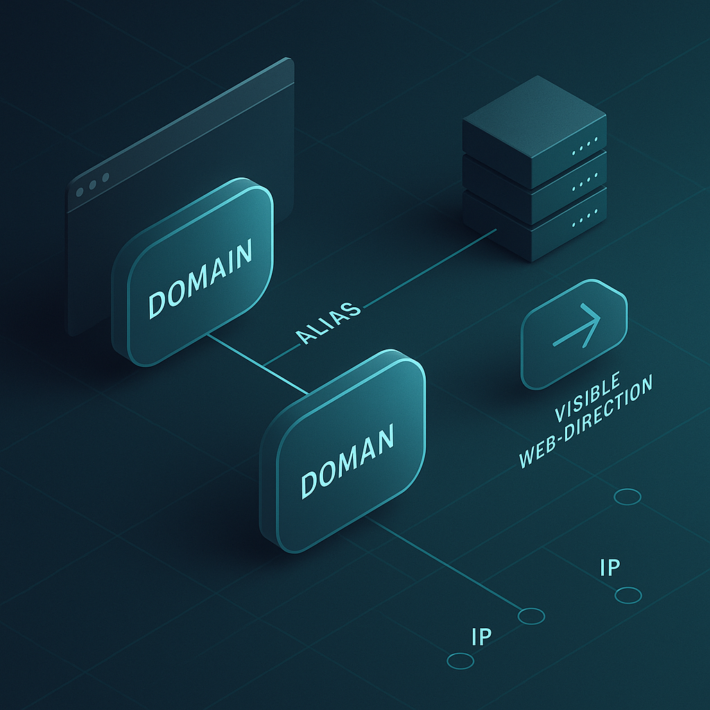 Abstrakte Darstellung eines DNS-Alias, der einen Domainnamen mit einem anderen Namen und dessen IP-Endpunkten verbindet