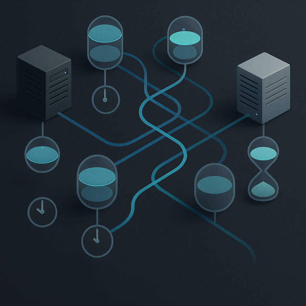 Abstraktes Netzwerk mit DNS-Caches, Zeitindikatoren sowie altem und neuem Server