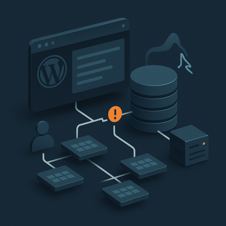 Abstrakte Darstellung einer Webanwendung, die mit einem relationalen Datenbankserver und mehreren Tabellen verbunden ist