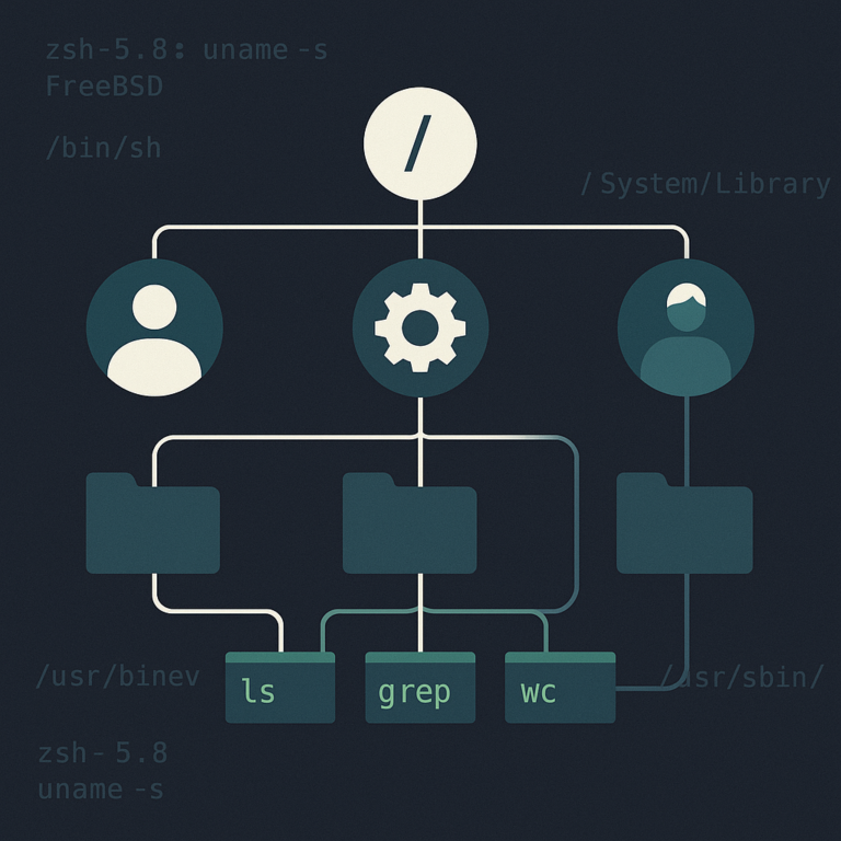 Abstrakte Darstellung eines Unix-Dateibaums mit Root-Verzeichnis, Prozessen, Benutzern und über Pipes verbundenen Kommandozeilen-Werkzeugen