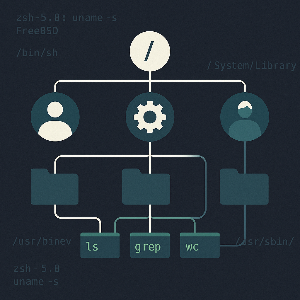 Abstrakte Darstellung eines Unix-Dateibaums mit Root-Verzeichnis, Prozessen, Benutzern und über Pipes verbundenen Kommandozeilen-Werkzeugen