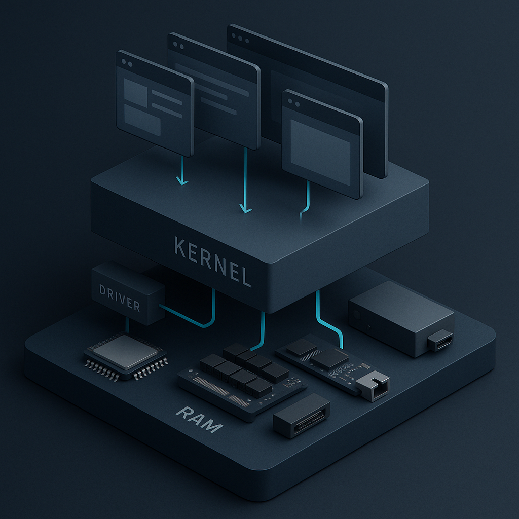 Schichtenmodell mit Anwendungen, Betriebssystemkernel, Treiber und Computerhardware