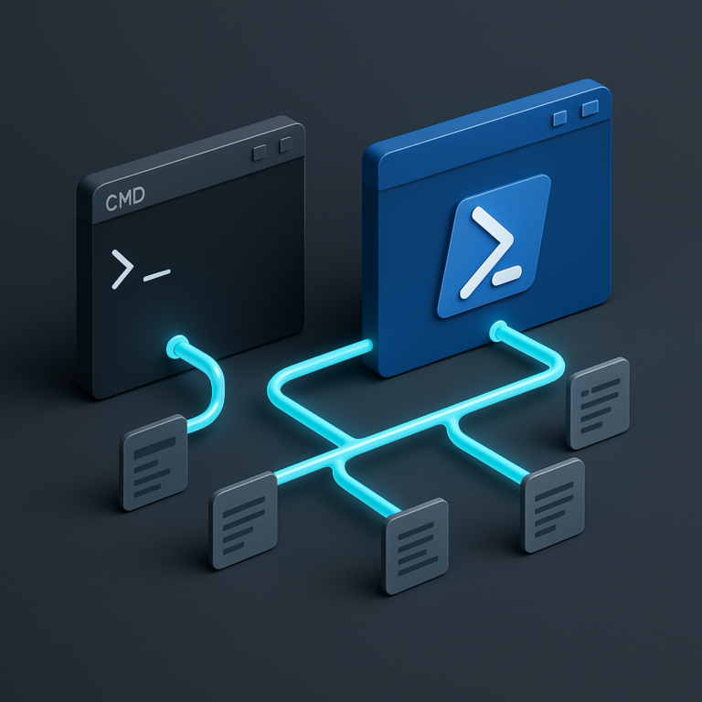 Abstrakte PowerShell-Pipeline verbindet strukturierte Datenobjekte für Windows-Verwaltung und Automatisierung.