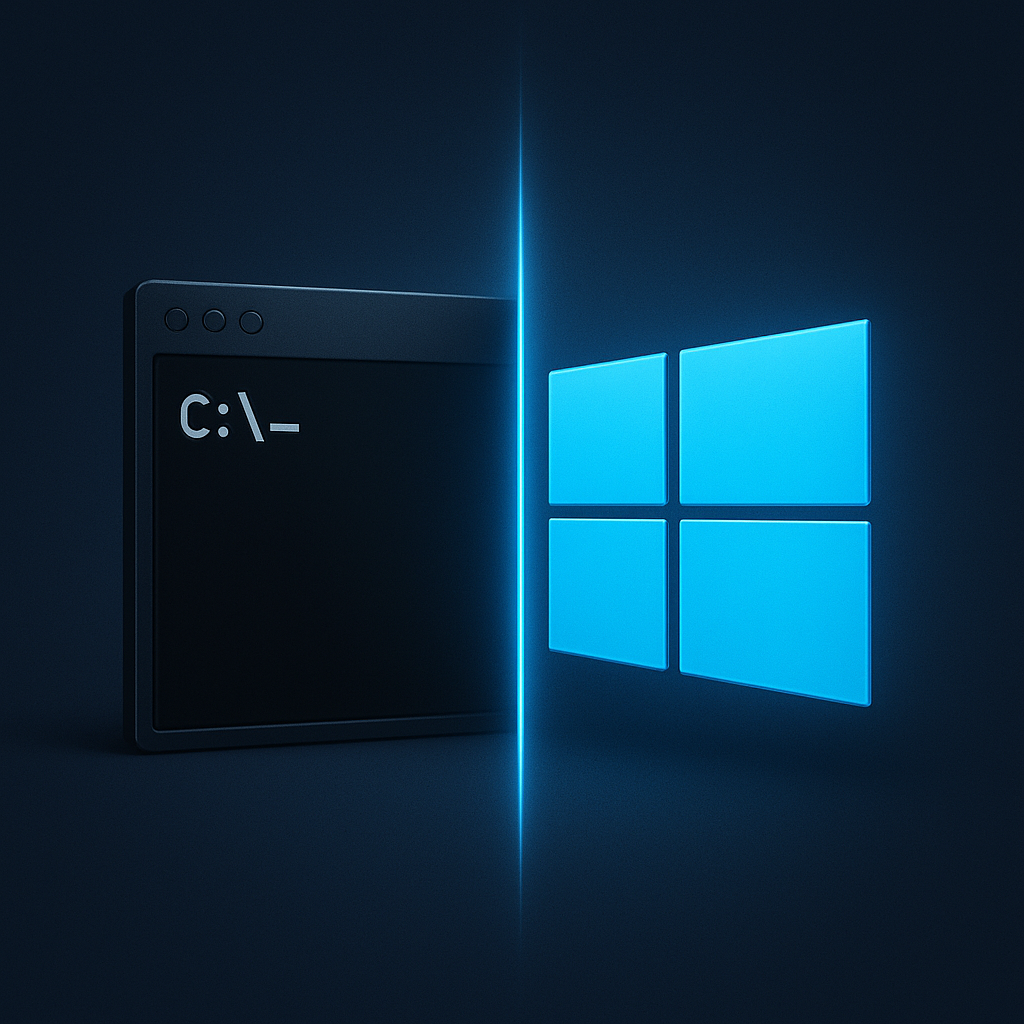Abstrakte Darstellung eines Windows-Terminalfensters mit Befehlszeile und angedeuteter Automatisierung