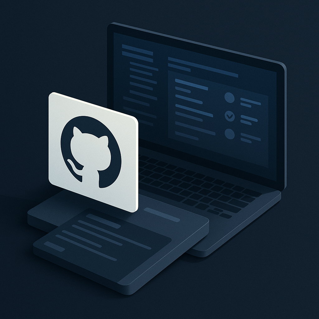Abstrakte Darstellung eines Git-Repositories mit Branches, Commits, Pull Request, Release und Sicherheitssymbol
