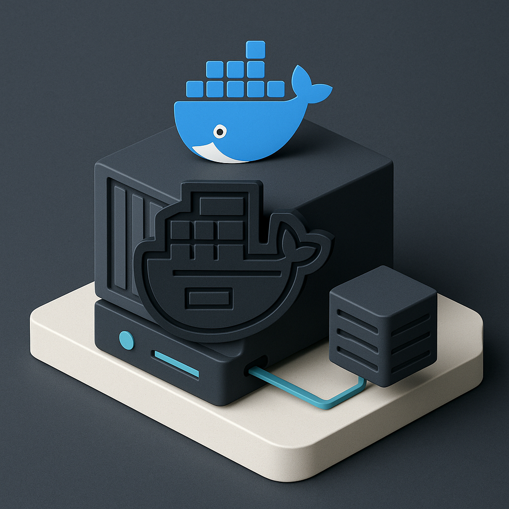 Abstrakte Darstellung von Docker-Images, isolierten Containern, persistentem Speicher und Netzwerkports auf einem Server