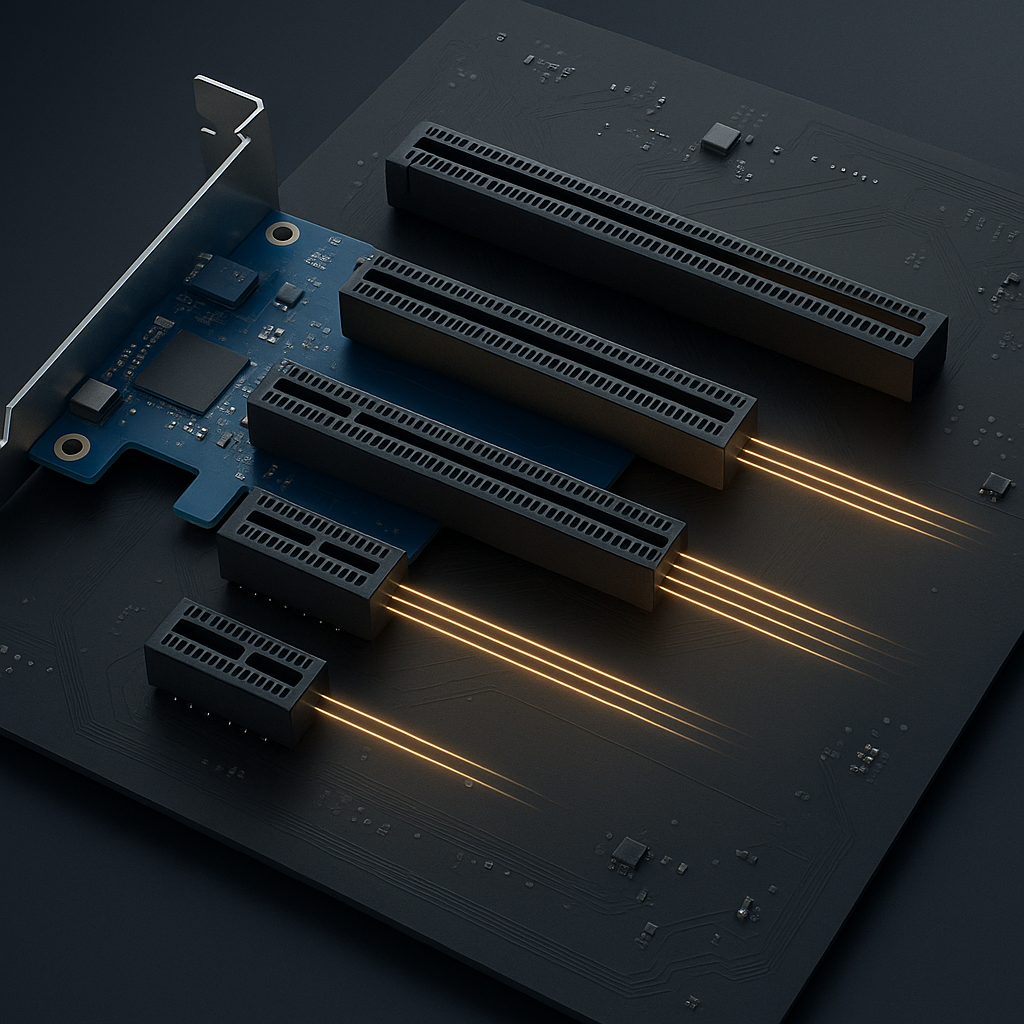 Mainboard mit unterschiedlich langen PCIe-Steckplätzen und abstrahierten parallelen Datenbahnen