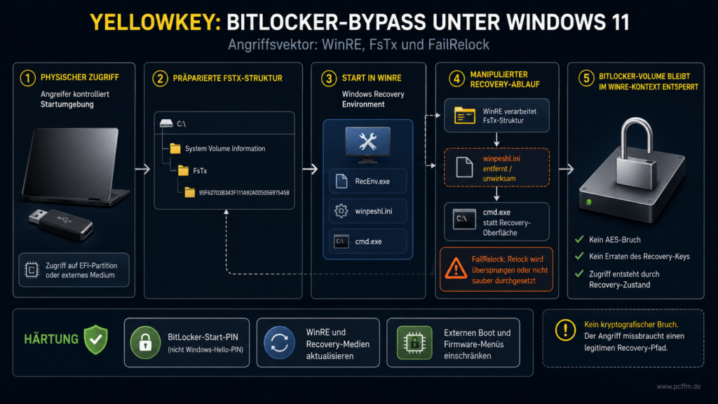 Ablaufdiagramm des YellowKey-BitLocker-Bypasses über FsTx, WinRE, cmd.exe und ein im Recovery-Kontext entsperrtes BitLocker-Volume.