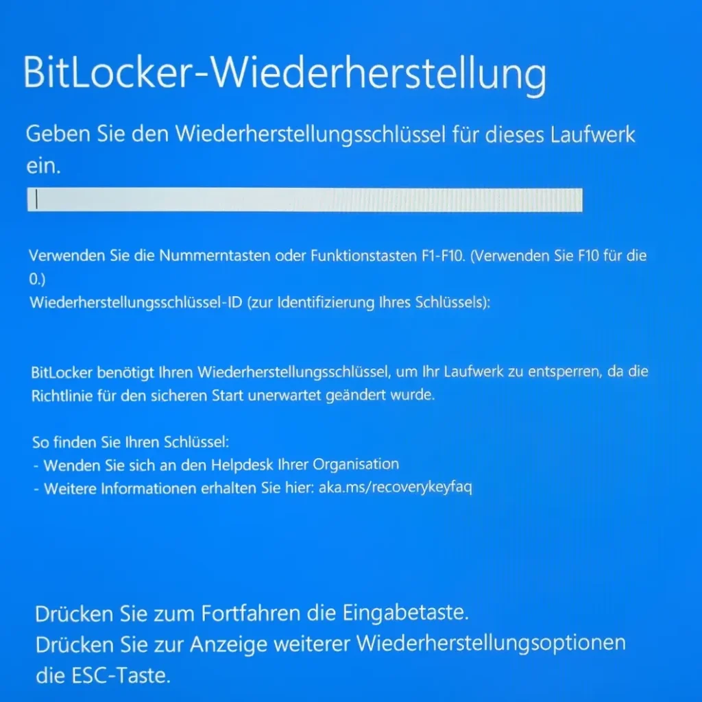 Bitlocker Wiederherstellungsschlüssel eingeben Meldung