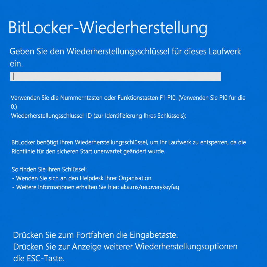 Bitlocker-Screen / Recovery / Wiederherstellungsschlüssel eingeben – blauer Bildschirm, bluescreen