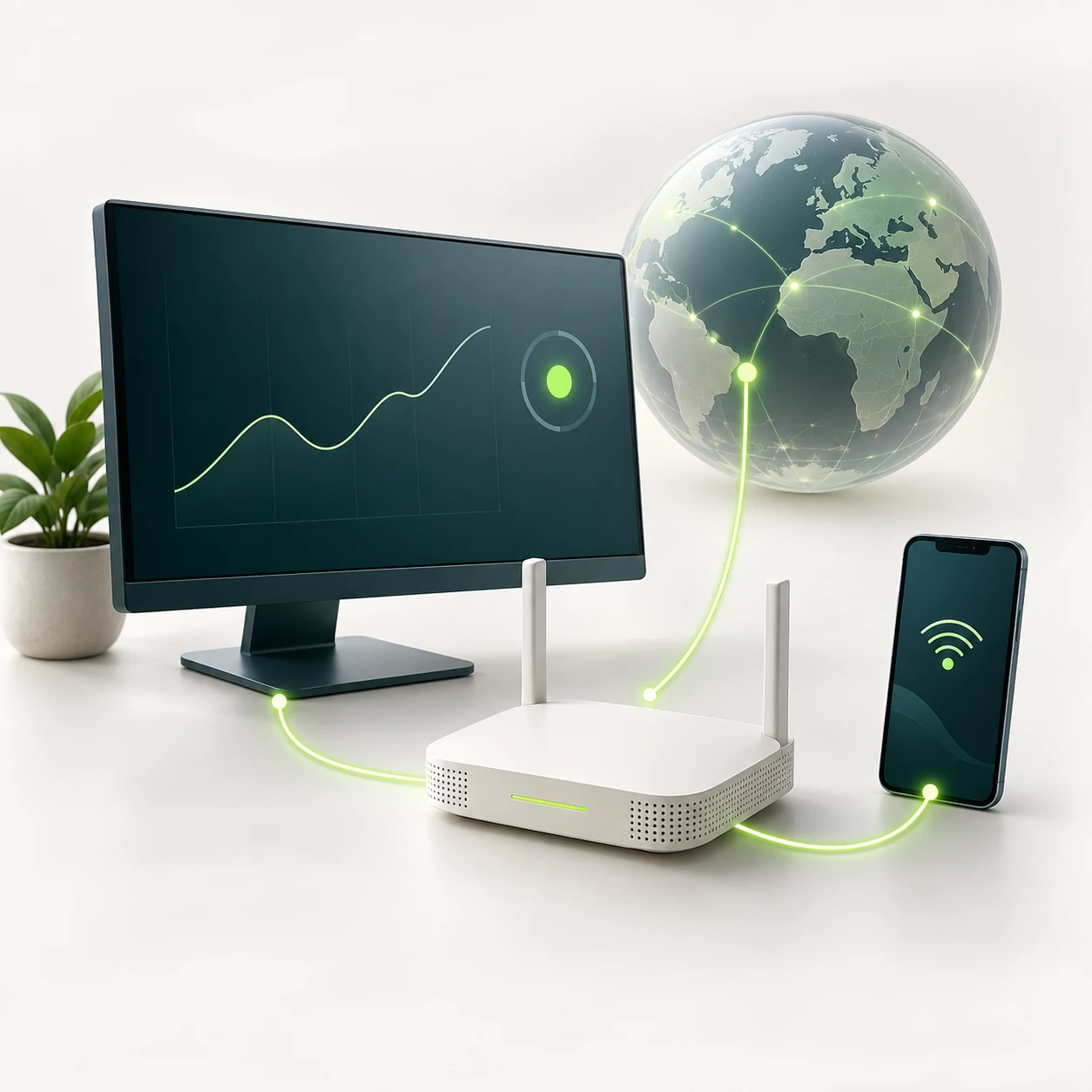 Illustration: Computer, Router und Smartphone mit einem Globus als Symbol für Internet- und Heimnetzdiagnose.