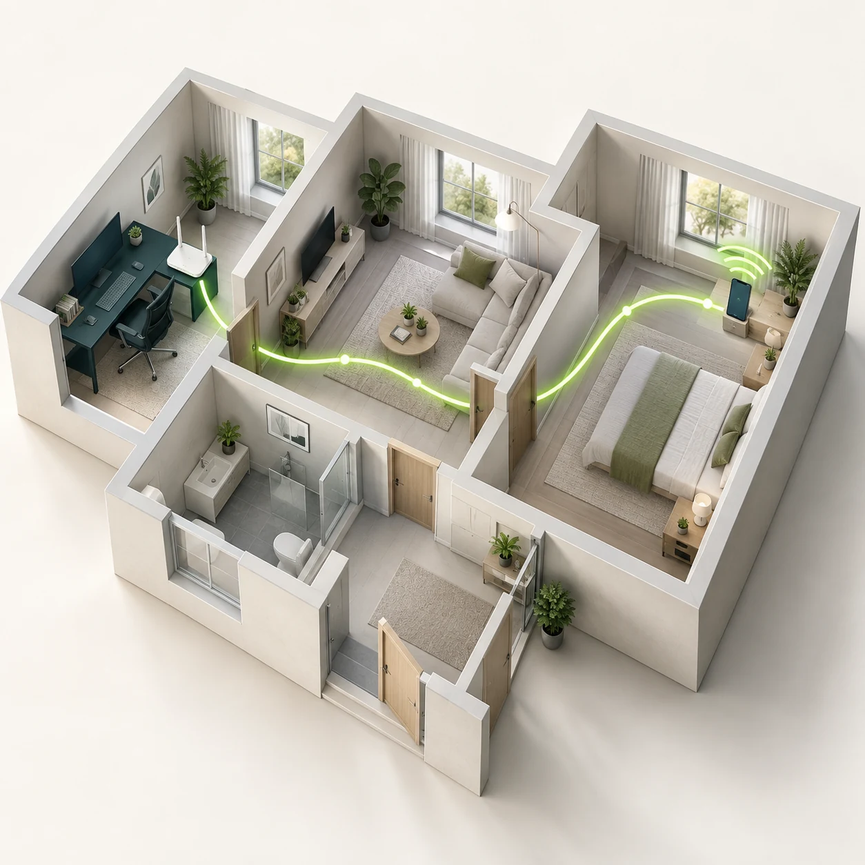 Illustration einer Wohnung mit festem Computer, Router und Smartphone in einem anderen Raum, verbunden durch einen lokalen Datenweg.