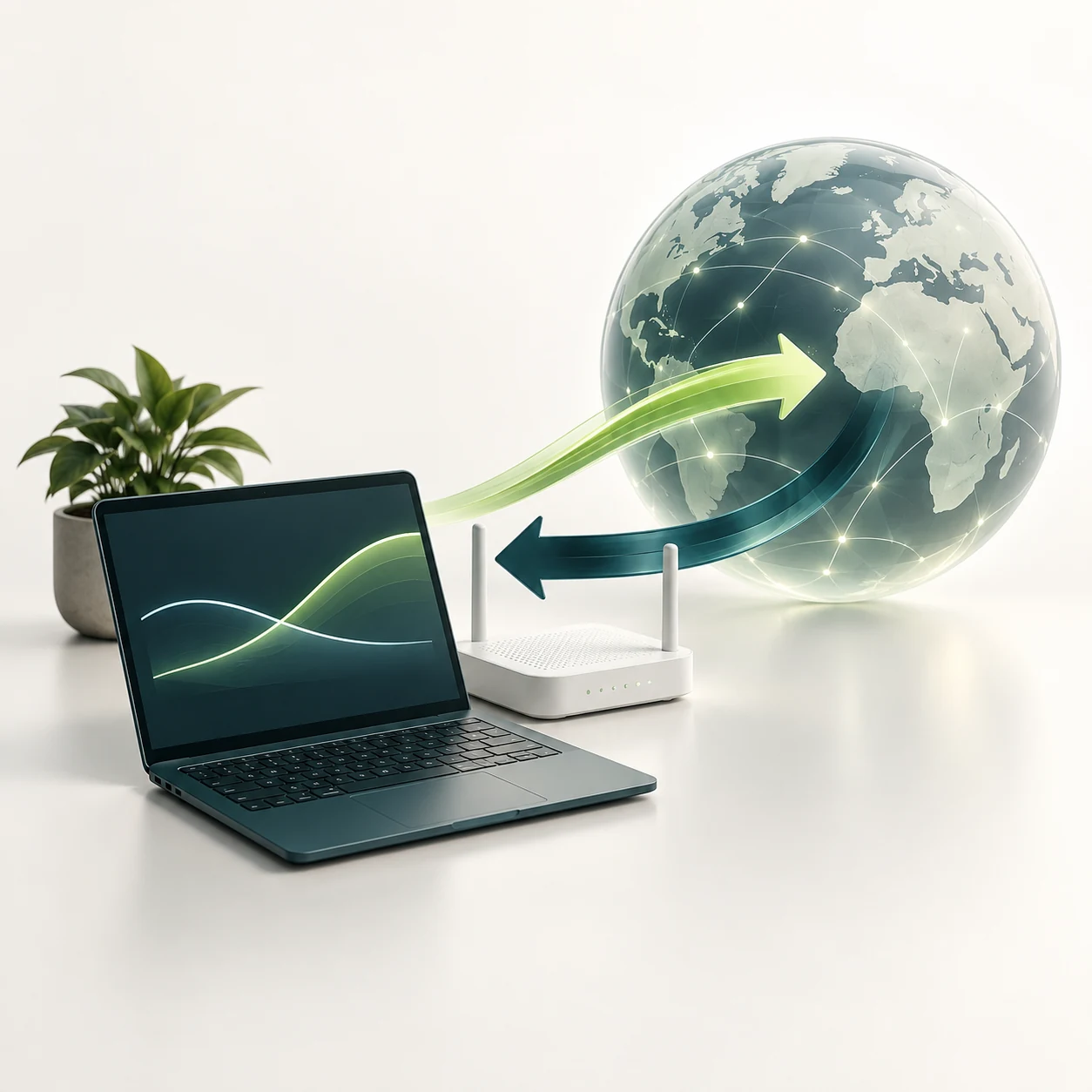 Illustration: Notebook und Router mit zwei Datenrichtungen zu einem Globus als Symbol für Download und Upload.