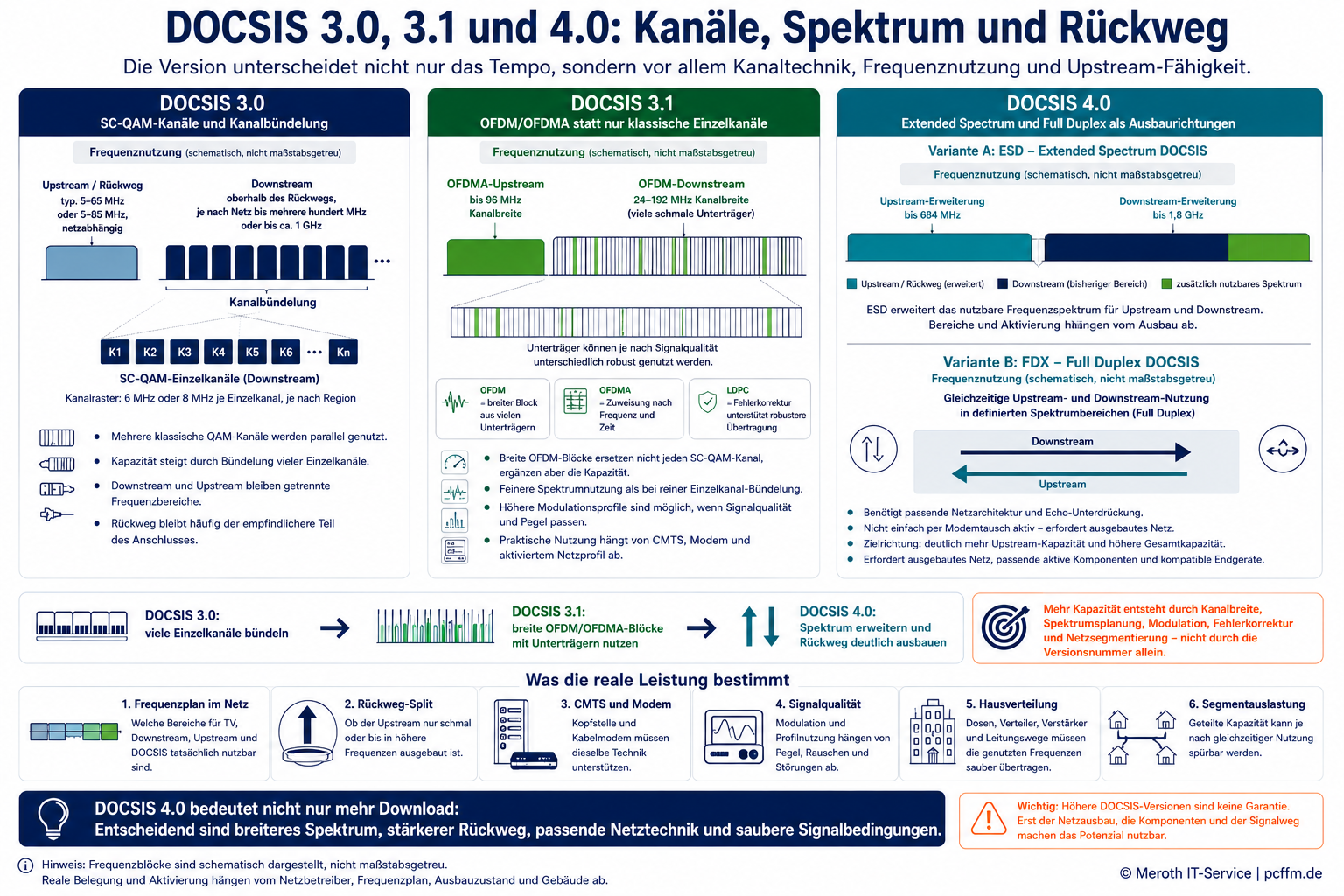 Infografik zu DOCSIS 3.0, 3.1 und 4.0 mit konkreter Kanal- und Spektrumslogik: SC-QAM-Kanalbündelung, OFDM-Downstream bis 192 MHz, OFDMA-Upstream bis 96 MHz, Extended Spectrum DOCSIS bis 1,8 GHz Downstream, Upstream bis 684 MHz, Full Duplex DOCSIS und praktische Einflussfaktoren.