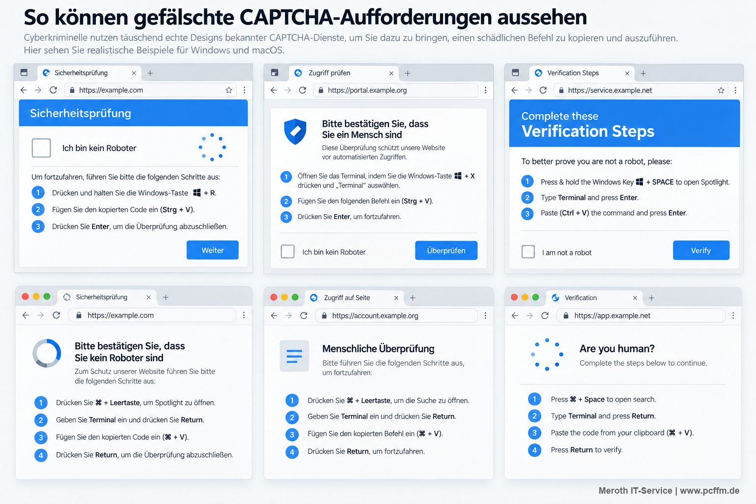 Infografik mit sechs realistisch gestalteten, gefälschten CAPTCHA-Beispielen für Windows und macOS. Die eingeblendeten Prüfseiten fordern dazu auf, Systemfunktionen wie Ausführen, Terminal oder Spotlight zu öffnen, kopierte Befehle einzufügen und mit Enter oder Return auszuführen. Die Grafik warnt davor, dass echte CAPTCHAs solche Schritte nicht verlangen.