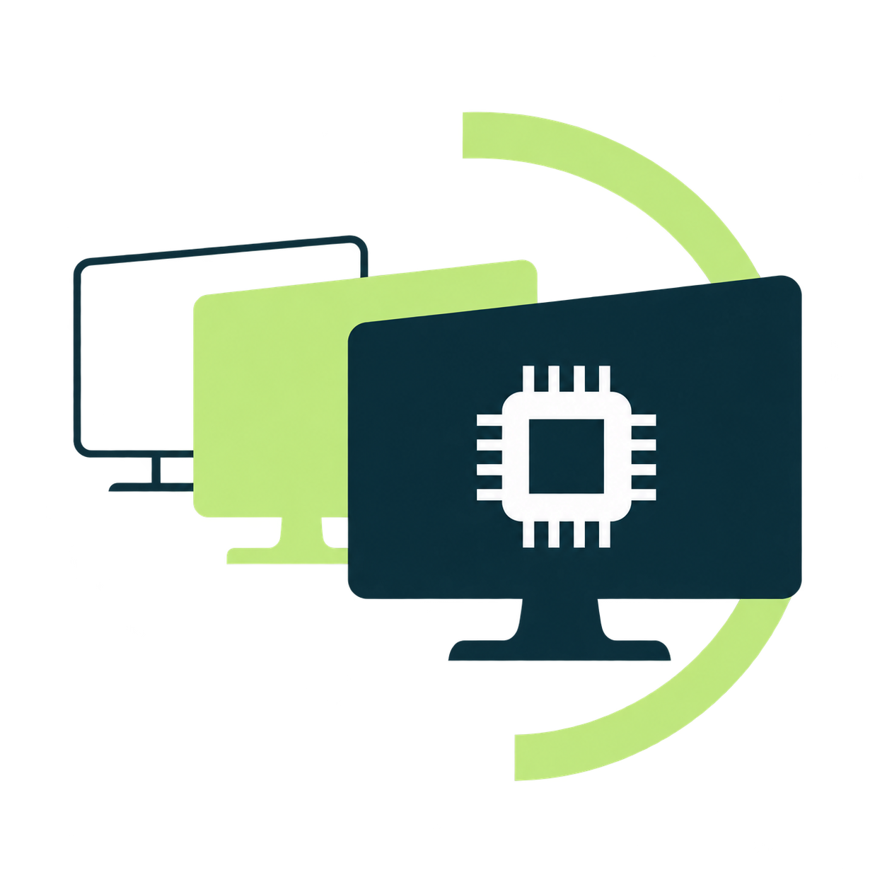 Drei stilisierte Computerbildschirme mit Prozessor-Symbol in Petrol, Lime und Weiß.