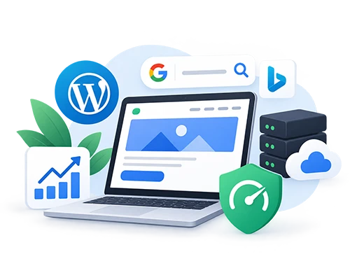 Moderne Illustration für Web-Services von Meroth IT-Service in Frankfurt: Laptop mit Webseiten-Entwurf, umgeben von Symbolen für WordPress, Google- und Bing-Suche, Webanalyse, Hosting, Cloud und Website-Performance – als Darstellung von Webseitenerstellung, SEO, SEA und technischer Optimierung.