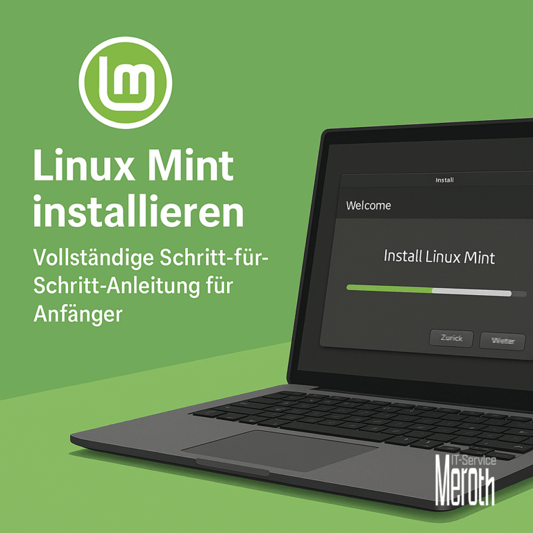 Symbolbild: Aufgeklapptes Notebook mit eingeblendeter Linux Mint Installationsmaske auf dem Bildschirm. Daneben die Headline des Blogartikels.