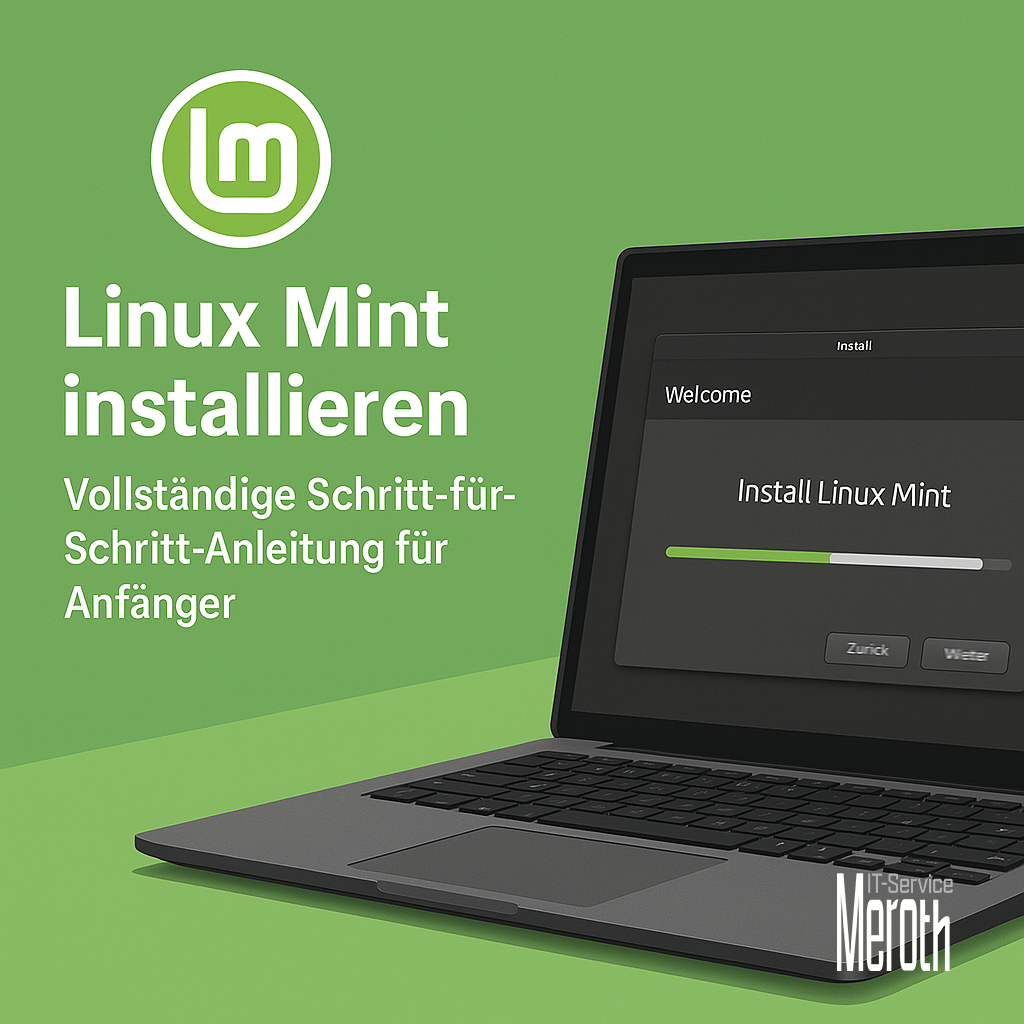 Symbolbild: Aufgeklapptes Notebook mit eingeblendeter Linux Mint Installationsmaske auf dem Bildschirm. Daneben die Headline des Blogartikels.