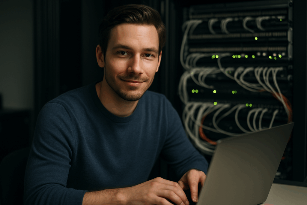 Mann arbeitet an einem Laptop – im Hintergrund ist Netzwerktechnik zu sehen
