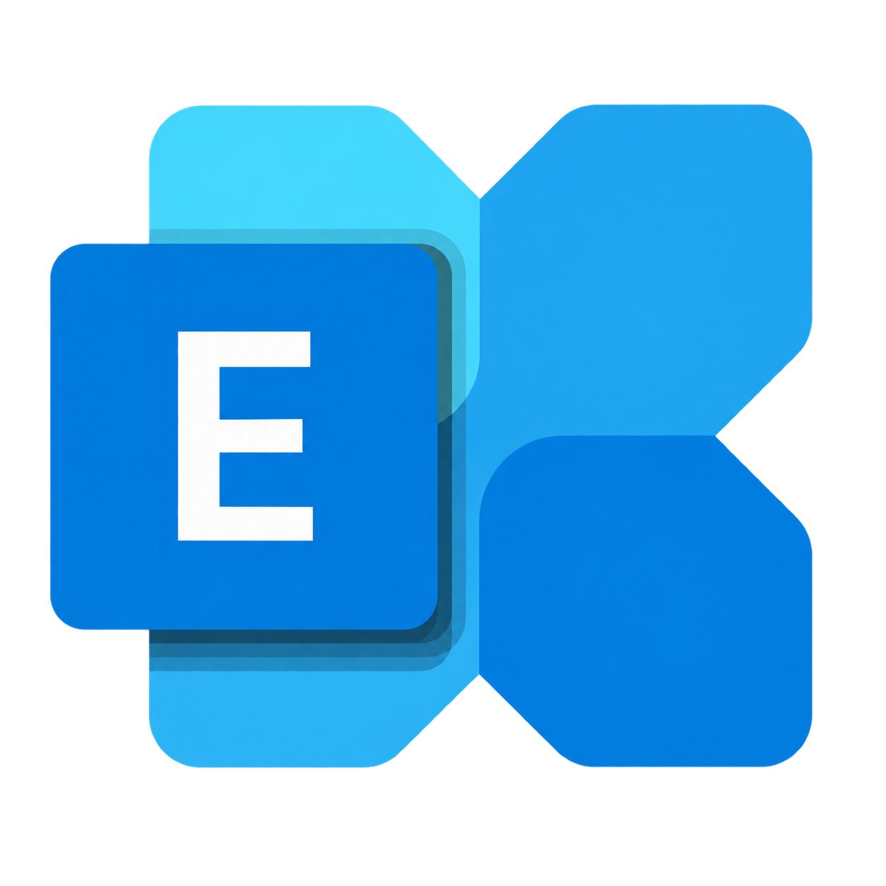 Das aktuelle Logo von Microsoft Exchange zeigt ein weißes E auf einer blauen Kachel vor einer größeren, gefalteten Form in Cyan und Blau.