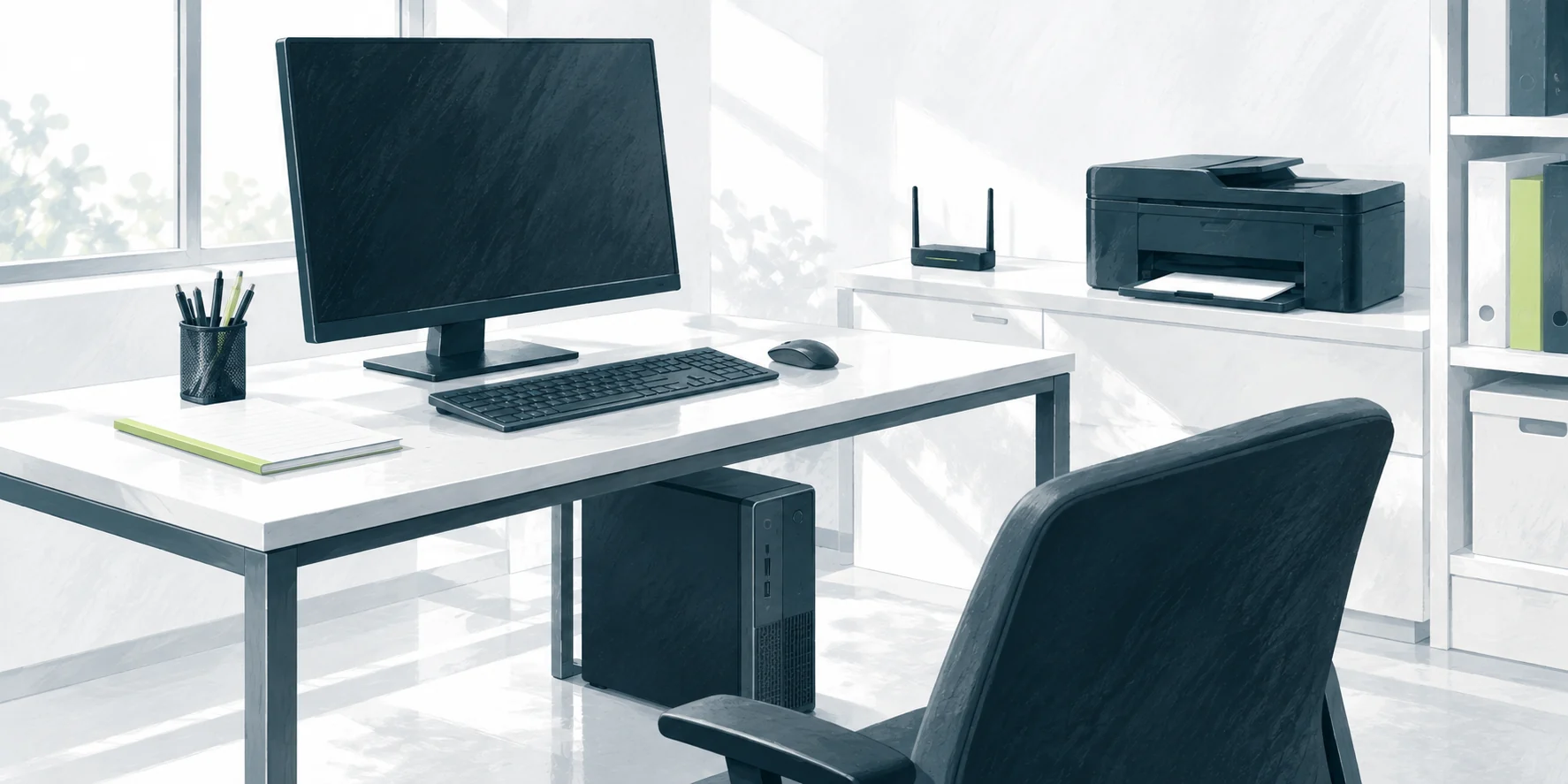Ein Arbeitsplatz mit Desktop-PC, Bildschirm, Drucker und Router. Die Illustration zeigt Geräte, deren Zusammenspiel bei einer Fehlersuche direkt vor Ort geprüft werden kann.