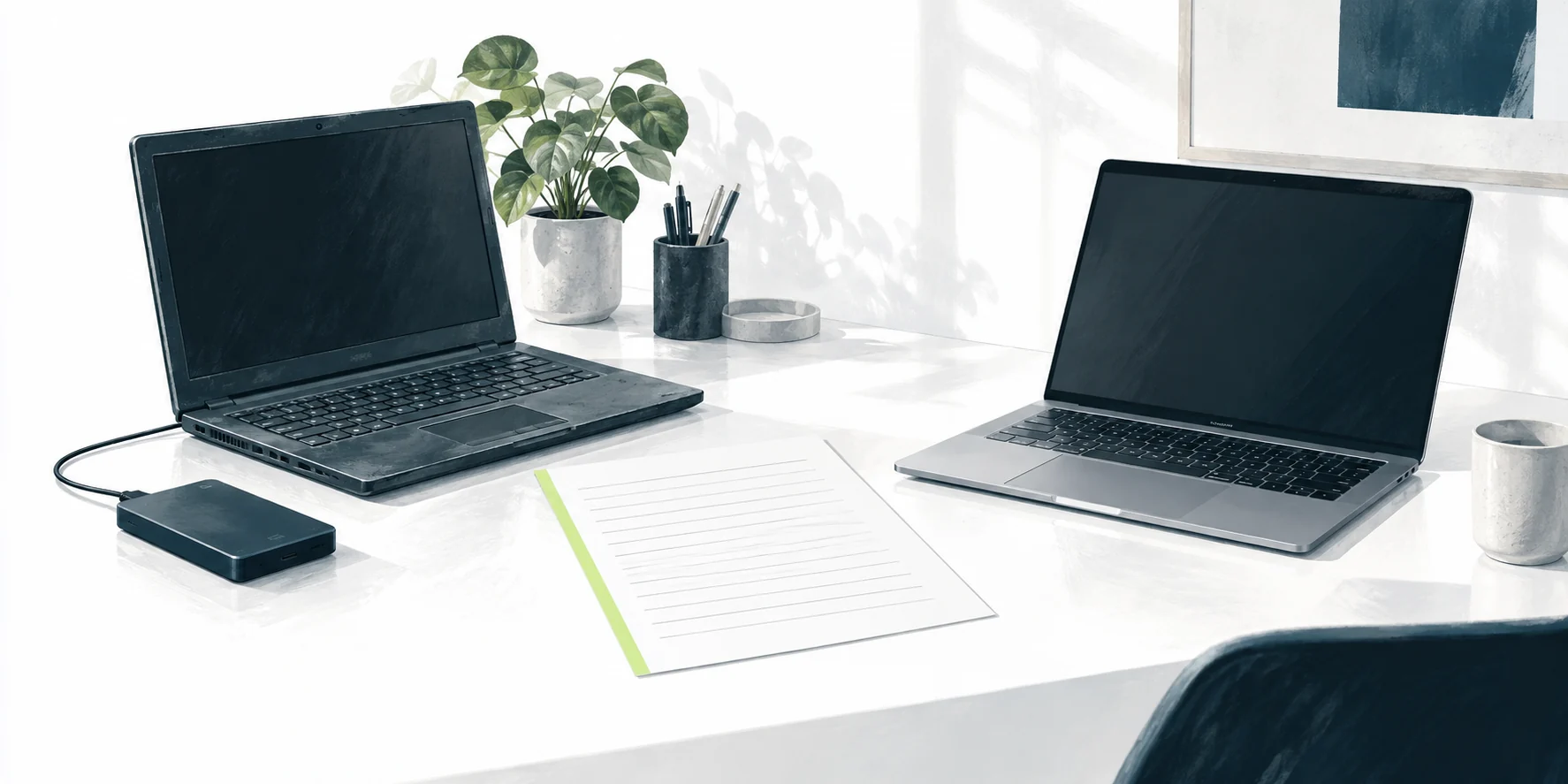 Älterer Laptop, externes Laufwerk und neuer Laptop liegen mit einer Prüfliste auf einem Schreibtisch. Die Illustration zeigt eine mögliche Ausgangslage, deren Speicherorte vor einer Datenübernahme erfasst werden müssen.