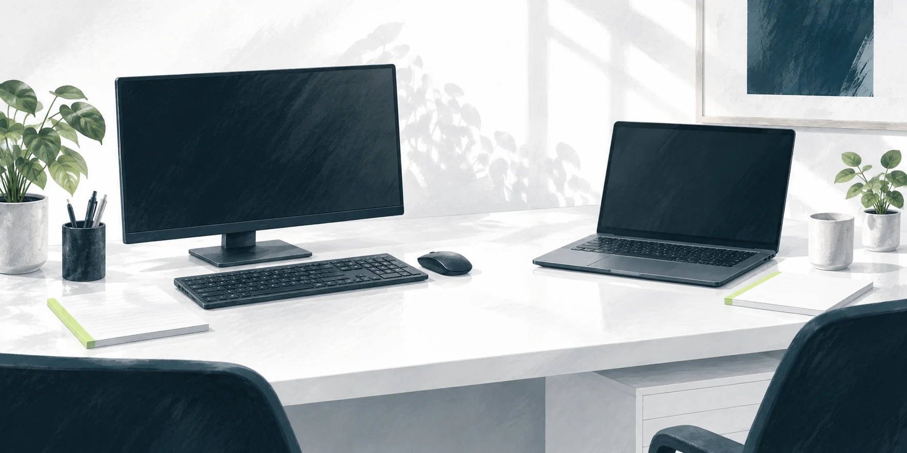 Leerer Einweisungsplatz mit Monitor, Laptop und zwei unbeschrifteten Notizblöcken.