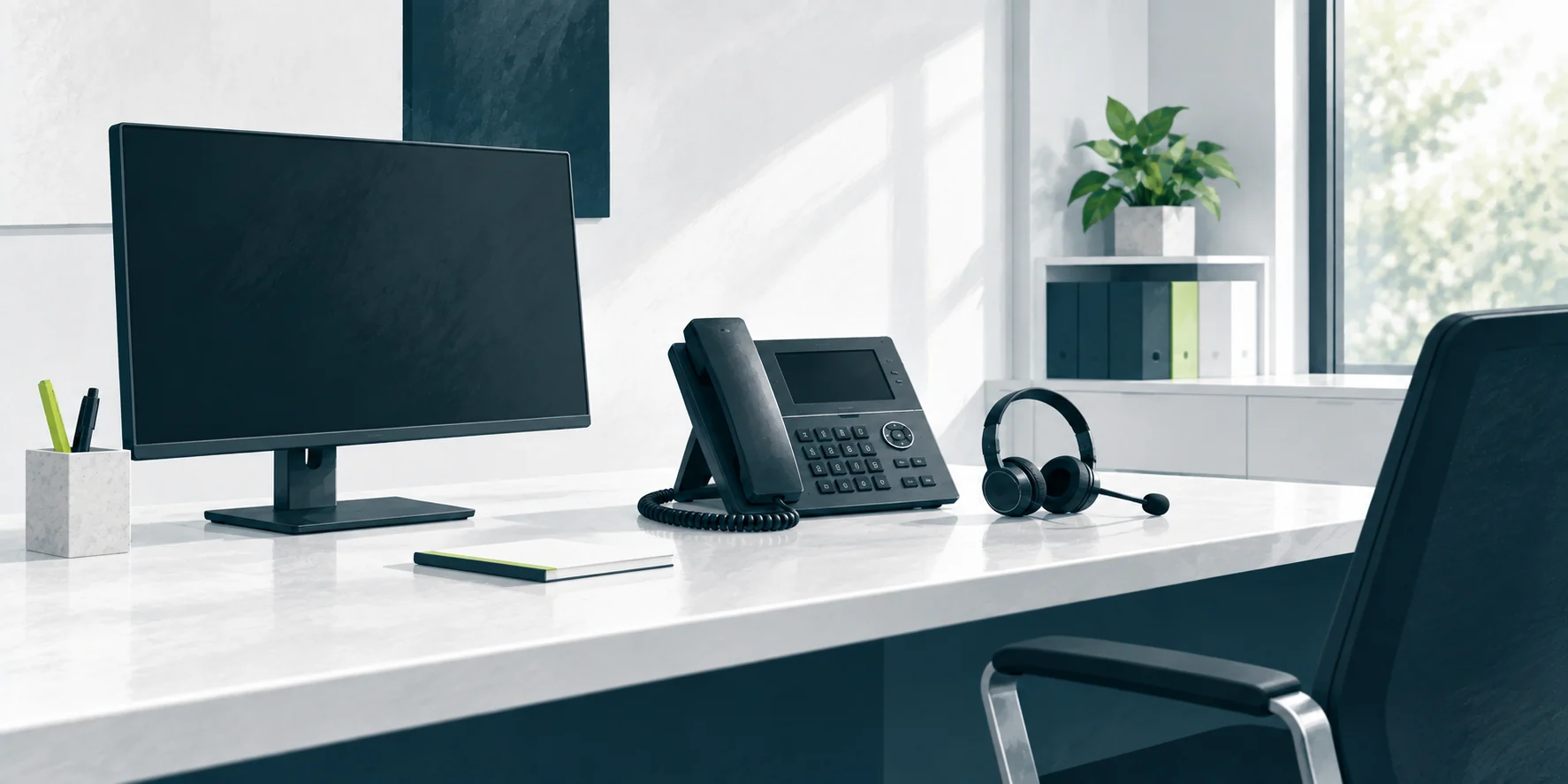 Leerer IT-Support-Arbeitsplatz mit Bildschirm, Tischtelefon, Headset und Notizblock.